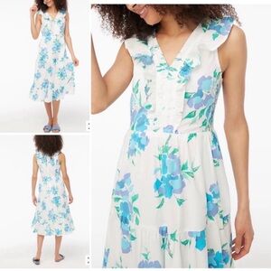 J. Crew Factory Blue White Floral printed V neck smocked midi dress Sz 12